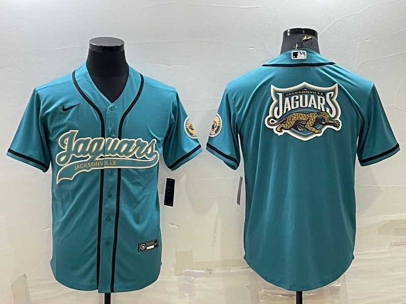 Men%27s Jacksonville Jaguars Teal Team Big Logo With Patch Cool Base Stitched Baseball Jersey